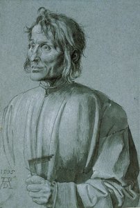 Porträt eines Architekten (Hieronymus von Augsburg) - Zeichnung von Albrecht Dürer (1471-1528), Feder, Pinsel, schwarze Tinte und weiße Farbe auf dunkelblauem Papier 1506 (39,1x26,6 cm) - Staatliche Museen, Berlin