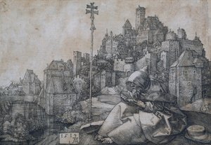 Der heilige Antonius sitzt vor einer Stadt von Albrecht Dürer