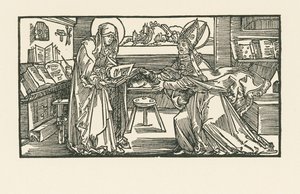 Heilige Birgitta in ihrer Kammer überreicht ihre Arbeit einem Bischof von Albrecht Dürer or Duerer