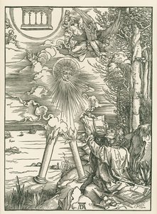 Sankt Johannes verschlingt das Buch, das ihm der Engel überreicht. Die Offenbarung des Johannes von Albrecht Dürer or Duerer