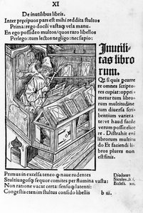 Gelehrter in seinem Büro. Er trägt eine Brille. Xylographie von Dürer, das Narrenschiff von Sebastiano Brandt von Albrecht Dürer
