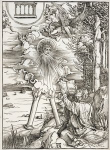 Szene aus der Apokalypse, St. Johannes verschlingt das Buch, lateinische Ausgabe