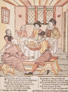 Ein Vater, der von seinem Sohn misshandelt wird (farbiger Holzschnitt) von Albrecht Schmid