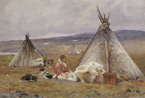 Ein Nenets-Chum (ein nomadisches Zelt). Insel Nowaja Semlja