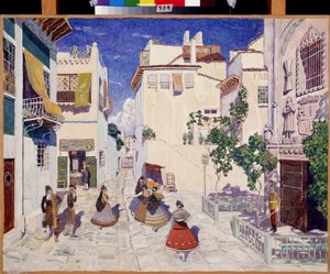 Eine Straße in Sevilla, Bühnenbild für die Oper Carmen von Georges Bizet von Aleksandr Jakovlevic Golovin