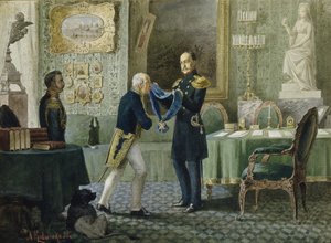 Kaiser Nikolaus I. verleiht das blaue Band des Ordens des Heiligen Andreas an Graf Michail Speransky von Aleksei Danilovich Kivshenko