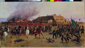 Die Eroberung der Festung Gorni Dubnik am 24. Oktober 1877. Russisch-türkischer Krieg: Kampfszene zwischen den Kosaken der russischen Armee und den Soldaten des Osmanischen Reiches, militärische Episode zur Kontrolle des Shipka-Passes (Bulgarien). von Aleksei Danilovich Kivshenko