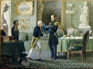 Kaiser Nikolaus I. von Russland (1796-1855) verleiht das blaue Band des Ordens des Heiligen Andreas an Graf Michail Speranski (1772-1839) von Aleksei Danilovich Kivshenko