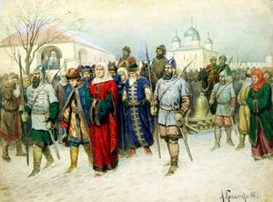 Martha die Bürgermeisterin eskortiert nach Moskau, 1880 von Aleksey Kivshenko