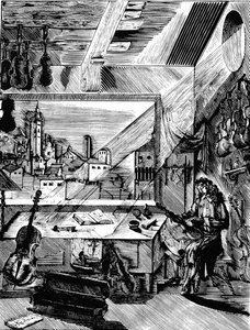 Italienischer Musikinstrumentenbauer Antonio Stradivari in seiner Werkstatt, 1926 von Aleksey Kravchenko