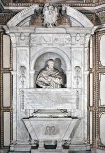 Grabdenkmal zu Ehren von Kardinal Giovanni Garcia Mellini mit Porträtbüste. Marmorskulptur von Alessandro Algardi (1598-1654) um 1630, Rom, Basilika Santa Maria del Popolo, Cappella Mellini