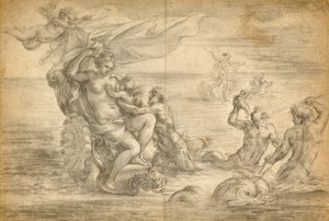 Venus in ihrem Meereswagen sitzend, Amor säugend von Alessandro Algardi