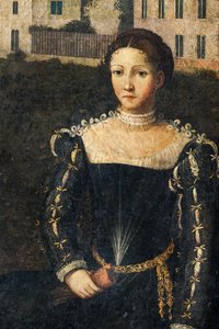 Porträt einer Adligen, Detail des Kleinen Zimmers der Edlen Damen von Alessandro Bonvicino Moretto