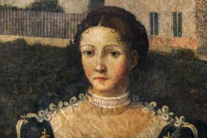 Porträt einer Adligen, Detail des Kleinen Zimmers der Edlen Damen von Alessandro Bonvicino Moretto
