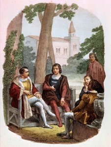 Fabrizio Colonna und Cosimo Rucellai diskutieren die Kunst des Krieges - in „Gesammelte Werke von Niccolò Machiavelli“, Illustration von Alessandro Focosi. „Die Kunst des Krieges“ von Niccolò di Bernardo dei Machiavelli von Alessandro Focosi
