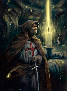 Ein Ritter des Templerordens mit dem Heiligen Gral im Hintergrund