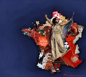 Eine Mariana vor einem Hintergrund aus kommunistischem Collage. Allegorie des Kommunismus in Frankreich. 2010 Farbdarstellung von Alessandro Lonati