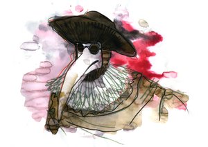 Ein Pestdoktor trägt eine schnabelartige Maske, die mit aromatischen Gegenständen gefüllt ist