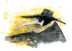 Ein Pestdoktor trägt eine schnabelartige Maske, die mit aromatischen Gegenständen gefüllt ist