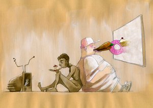 Allegorische Darstellung unserer gemeinsamen Gesellschaft als Konsumgesellschaft, übertrieben als junger westlicher Fettleibiger, der Fast Food (Junk Food) vor einem riesigen Bildschirm verschlingt, neben einem verhungernden Mann, der verzweifelt auf einen