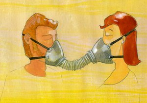 Erwartung, Verschmutzung: ein Paar teilt sich die gleiche Gasmaske von Alessandro Lonati