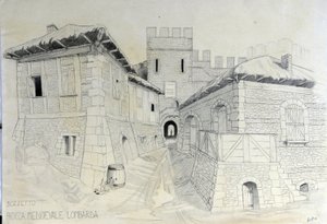 Architektur des Mittelalters: Ansicht der Stadtmauern einer mittelalterlichen lombardischen Stadt von Alessandro Lonati