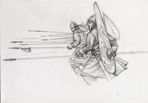 Angriff der normannischen Krieger der Infanterie in der Schlacht von Hastings im Jahr 1066. Zeichnung von Alessandro Lonati. von Alessandro Lonati