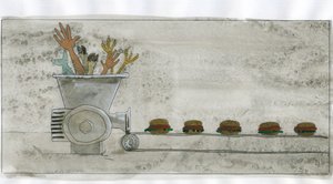 Konsumgesellschaft: Produktion von Junk Food, Hamburger aus menschlichen und tierischen Überresten - Illustration von Alessandro Lonati