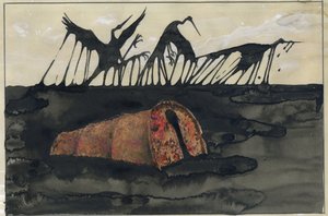 Ökologische Katastrophe: ölverschmierte Vögel am Strand nach dem Untergang eines Öltankers oder umgekippte Ölkanister am Strand von Alessandro Lonati