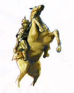 Reiterporträt von Oqba Ibn Nafi Al Fihri (622-683), arabischer General, der von Muawiya I. (602-680) an die Spitze der muslimischen Armeen gesandt wurde. von Alessandro Lonati
