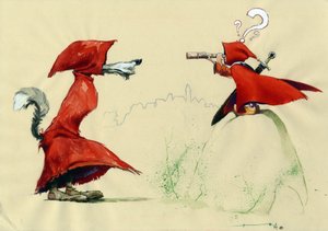 Märchen von Rotkäppchen von Charles Perrault (1628-1703) neu interpretiert: Rotkäppchen mit einem Schwert beobachtet mit einem Fernglas den verkleideten Wolf mit einem roten Mantel