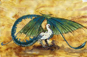 Fabelhaftes Wesen: Darstellung eines Drachen, halb Taube halb Drache. Zeichnung von Alessandro Lonati