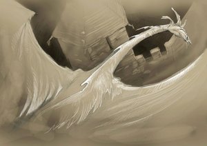 Fantastisches Wesen: ein Drache fliegt über einen Burgturm. Zeichnung von Alessandro Lonati
