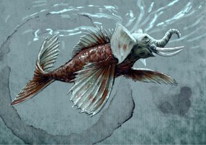 Fantastische Monster und Kreaturen, Kryptozoologie: Darstellung eines Makara, aquatisches Tier des mythologischen Bestiariums Indiens Zeichnung von Alessandro Lonati