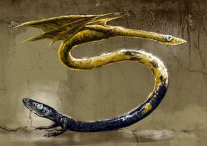 Fantastische Monster und Kreaturen, Kryptozoologie: Darstellung einer Amphisbene, mythologischer Schlange mit zwei Köpfen Zeichnung von Alessandro Lonati, 2012