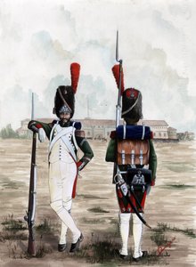 Erstes Kaiserreich (1804-1814 und 1815): Grenadiersoldaten der königlichen Garde der großen napoleonischen Armee auf dem Platz des Sforzesco-Schlosses in Mailand, Italien Zeichnung von Alessandro Lonati von Alessandro Lonati