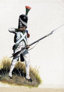 Erstes Kaiserreich (1804-1814 und 1815): Velitesoldat der großen napoleonischen Armee in Italien öffnet eine Patrone Zeichnung von Alessandro Lonati