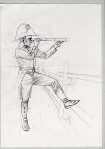 Erstes Kaiserreich (1804-1814 und 1815): Oberer Soldat der großen französischen napoleonischen Armee in Beobachtung mit einem Fernrohr. Unvollendete Zeichnung von Alessandro Lonati