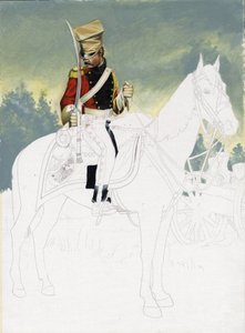 Erstes Kaiserreich (1804-1814 und 1815): Soldat der leichten Kavallerie der großen französischen napoleonischen Armee. Unvollendete Zeichnung von Alessandro Lonati. von Alessandro Lonati
