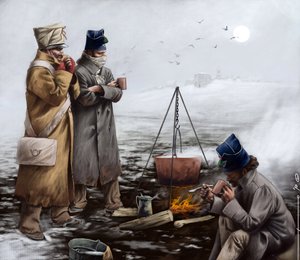 Erstes Kaiserreich: Leichte Infanteriesoldaten wärmen sich um ein Feuer oder kochen während eines Feldzugs von Napoleon I. (wahrscheinlich in Russland) - Illustration von Alessandro Lonati, 2010 von Alessandro Lonati