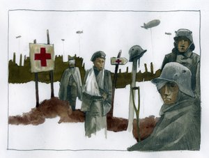 Erster Weltkrieg: Kriegsversehrte und Verwundete in Obhut des Rotkreuz-Rettungspostens - 1914-1918 - Illustration von Alessandro Lonati von Alessandro Lonati