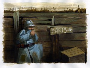 Erster Weltkrieg: ein französischer Soldat in der Nähe eines Schildes, das nach Paris weist von Alessandro Lonati