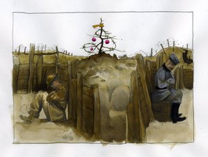 Erster Weltkrieg: die Einsamkeit zweier feindlicher Soldaten, britisch (links) und deutsch im Schützengraben, zur Weihnachtszeit 1914-1918. Illustration von Alessandro Lonati von Alessandro Lonati