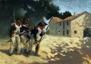Erstes Kaiserreich: Grenadiere der französischen Infanterie auf Patrouille während der Italienfeldzüge. Zeichnung von Alessandro Lonati
