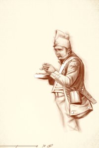 Erstes Kaiserreich: Leichtinfanteriesoldat während einer Mahlzeit während einer Kampagne von Napoleon I. (wahrscheinlich in Russland) Anfang des 19. Jahrhunderts. Illustration von Alessandro Lonati, 2010