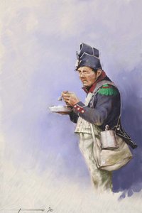 Erstes Kaiserreich: Leichter Infanteriesoldat während einer Mahlzeit während eines Feldzugs von Napoleon I. (wahrscheinlich in Russland) Illustration von Alessandro Lonati, 2010 von Alessandro Lonati