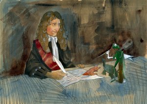 Französischer Schriftsteller Jean de la Fontaine betrachtet die Figuren seiner Fabeln - Illustration von Alessandro Lonati von Alessandro Lonati