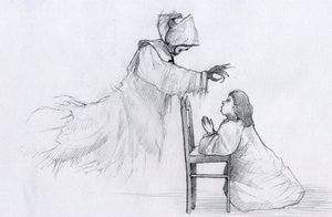 Geist einer älteren Nonne mit krummen Händen erscheint einem betenden kleinen Mädchen. von Alessandro Lonati