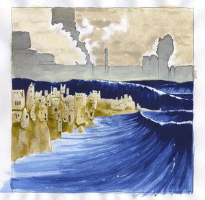 Illustration des Mythos der unter dem Meer verschwundenen Insel Atlantis: Ansicht des unruhigen Meeres nach dem Vulkanausbruch, der die legendäre Insel überflutet von Alessandro Lonati