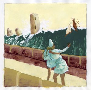 Illustration des Mythos der unter dem Atlantis-Meer verschwundenen Insel (Atlantis): Ansicht des Tsunamis, der die griechische Stadt der legendären Insel überflutet. Farbdarstellung von Alessandro Lonati. von Alessandro Lonati